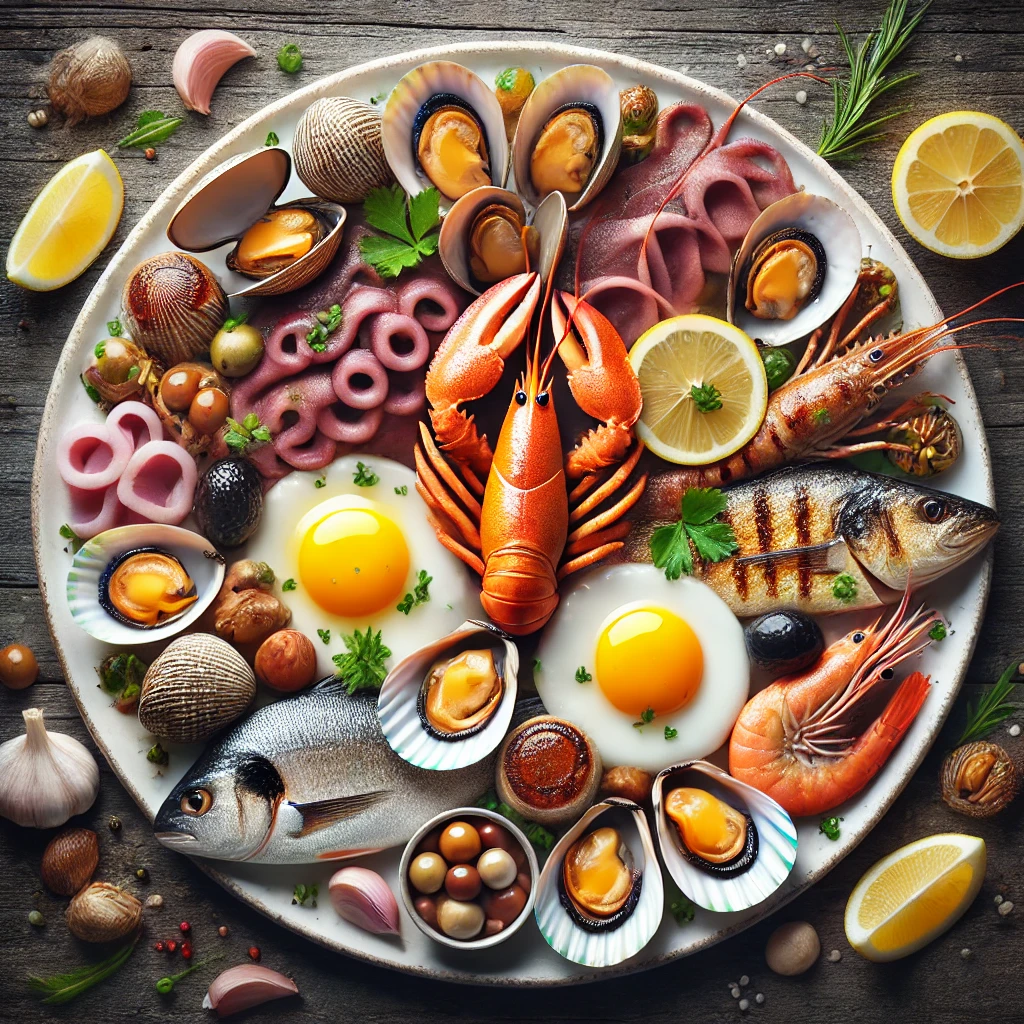 A beautifully arranged dish featuring a variety of seafood, including clams, liver, eggs, and fish. The image should have vibrant colors, showing the freshness of the ingredients, with a gourmet presentation on a white plate. The clams should be open, the liver perfectly cooked with a glazed surface, the eggs sunny-side-up with golden yolks, and the fish grilled with a slightly crispy skin. Garnishes like herbs and lemon slices are added for an appealing look.