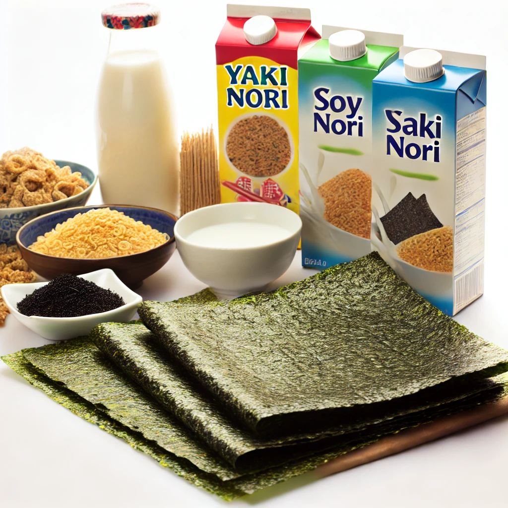 A vibrant and healthy food display featuring nori, including both yaki nori (toasted seaweed) and flavored nori, laid out in crisp sheets. Alongside them are fortified foods like soy milk and cereal, emphasizing their rich content of vitamin B12. The composition should highlight the nutritional value of these foods with a clean, appetizing, and fresh aesthetic, using simple garnishes or background props like bowls, chopsticks, or milk cartons to create a wholesome scene.